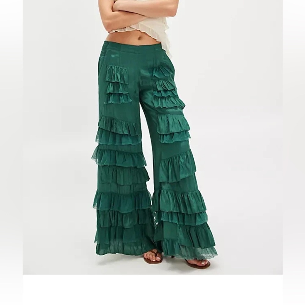 Free People Teal Ruffle Wide Leg Pants Size XL NWT